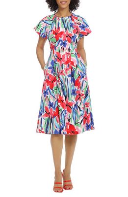 Maggy London Floral Short Sleeve Midi Dress in Soft White/Flame