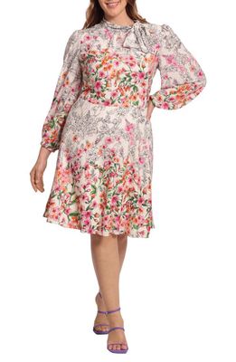 Maggy London Floral Tie Neck Long Sleeve Dress in Ivory/Pink Bud