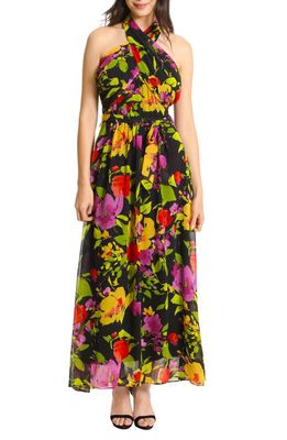 Maggy London Floral Tie Waist Halter Neck Maxi Dress in Black Yellow