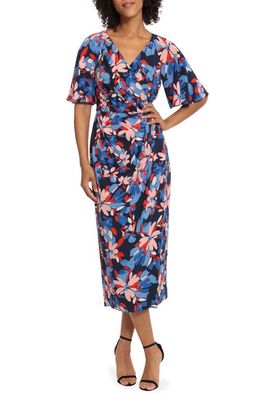 Maggy London Floral Wrap Front Midi Dress in Navy/Red
