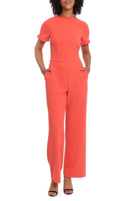 Maggy London Frill Detail Short Sleeve Jumpsuit in Cayenne Coral