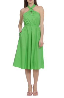 Maggy London Halter Neck Stretch Cotton Midi Dress in Vibrant Green