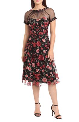 Maggy London Illusion Yoke Floral Embroidered Midi Cocktail Dress in Black/Multi