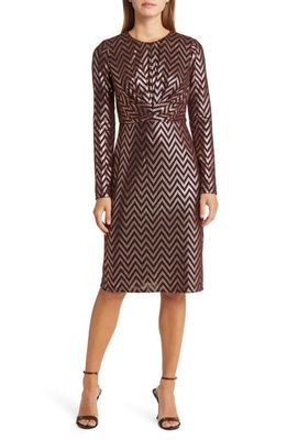 Maggy London Metallic Long Sleeve Cocktail Dress in Copper/Black