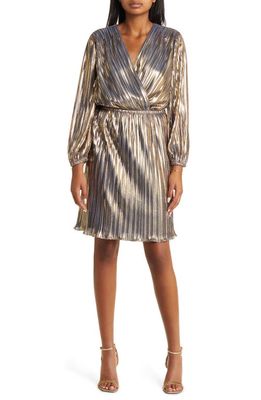 Maggy London Metallic Pleated Long Sleeve Cocktail Dress in Gold