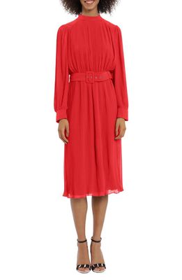 Maggy London Pleated Chiffon Long Sleeve Midi Dress in High Risk Red