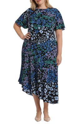 Maggy London Print Flutter Sleeve Asymmetric Midi Dress in Black/Blue