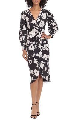 Maggy London Print Long Sleeve Faux Wrap Dress in Black/Ivory