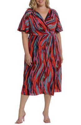 Maggy London Printed Faux Wrap Dress in Naby/Blue/Burgundy