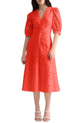 Maggy London Puff Sleeve Cotton Eyelet Midi Dress in Oxy Fire