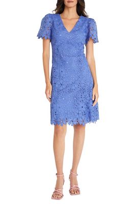 Maggy London Puff Sleeve Lace Dress in Baja Blue