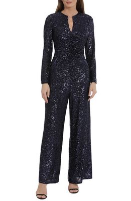 Maggy London Ruched Bodice Sequin Long Sleeve Wide Leg Jumpsuit in Navy