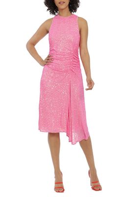 Maggy London Ruched Sequin Midi Dress in Flamingo/Hot Pink