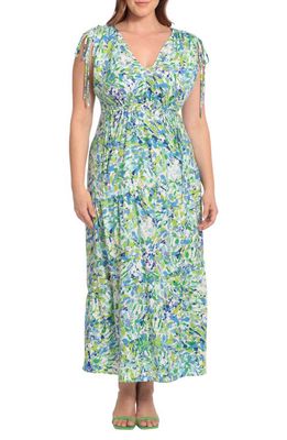 Maggy London Ruched Tiered Maxi Dress in Soft White/Aqua