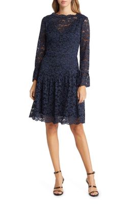Maggy London Ruffle Long Sleeve Lace Dress in Light Navy