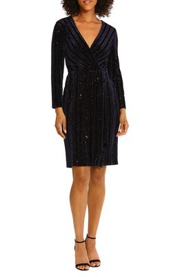 Maggy London Sequin Faux Wrap Cocktail Dress in Navy