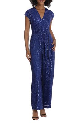 Maggy London Sequin Tie Waist Wide Leg Jumpsuit in Bright Royal