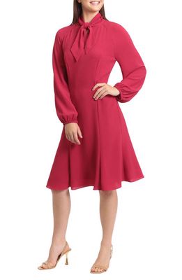 Maggy London Tie Neck Long Sleeve Fit & Flare Dress in Persian Red