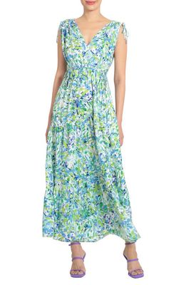 Maggy London Tie Shoulder Tiered Maxi Dress in Soft White/Aqua