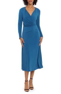 Maggy London Wrap Front Long Sleeve Midi Dress in Classic Blue
