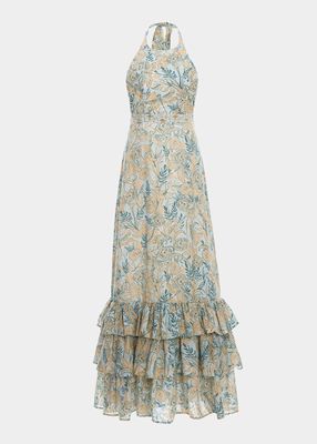 Magnolia Flounce-Hem Halter Linen Maxi Dress