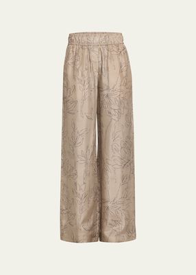 Magnolia Outline Printed Silk Pants
