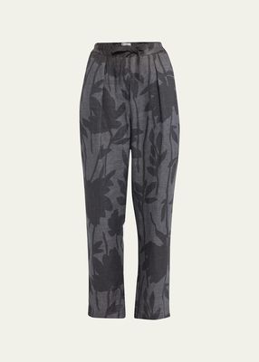 Magnolia-Print Drawstring Linen Pants