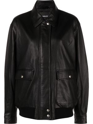 Mainless flap-pockets leather jacket - Black