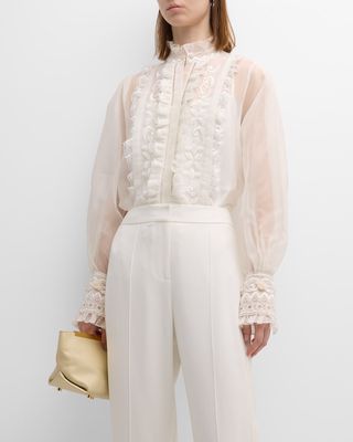 Maison Beaded Embroidered Ruffle Blouse