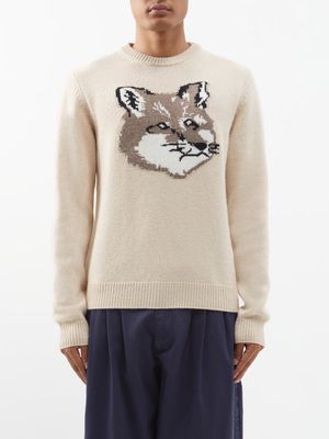 Maison Kitsuné - Big Fox Head-intarsia Wool Sweater - Mens - Cream
