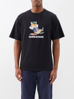 Maison Kitsuné - Dressed Fox-print Cotton-jersey T-shirt - Mens - Black Multi