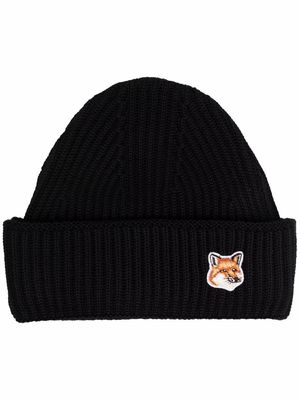 Maison Kitsuné Fox-patch wool beanie - Black