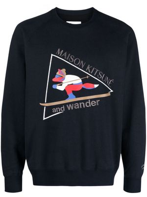 Maison Kitsuné x And Wander logo-embroidered cotton sweatshirt - Blue