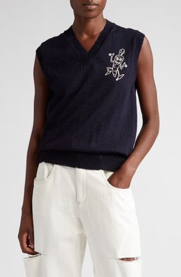Maison Margiela Embroidered Carrot Distressed Wool Sweater Vest in Navy