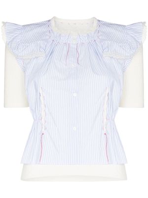 Maison Margiela pinstriped ruffled short-sleeve panelled blouse - White
