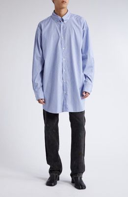 Maison Margiela Stripe Oversize Organic Cotton Oxford Button-Down Shirt in Blue Stripes