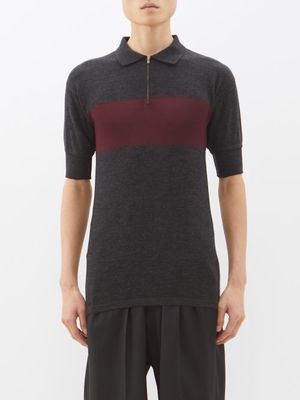 Maison Margiela - Striped Distressed Knitted Wool-blend Polo Shirt - Mens - Charcoal Print