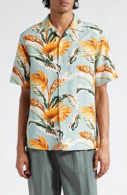 Maison Margiela Tropical Print Short Sleeve Linen & Cotton Button-Up Shirt in Sage