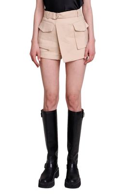 maje Asymmetric Linen Blend Cargo Shorts in Beige