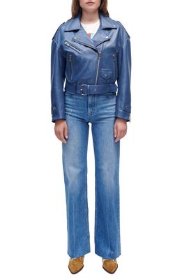 maje Belted Leather Moto Jacket with Removable Collar in Blue