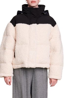 maje Colorblock High Pile Fleece Hooded Puffer Jacket in Ecru Black