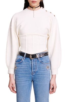 maje Crop Lantern Sleeve Corset Detail Sweater in Ecru