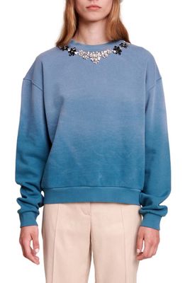maje Crystal Embellished Dip Dye Fleece Sweatshirt in Bleu Blue