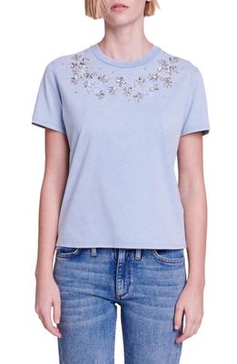 maje Floral Rhinestone Cotton T-Shirt in Light Blue