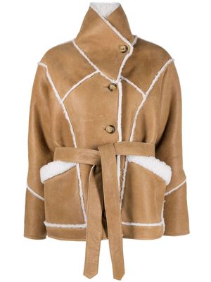 Maje Gabelo shearling-trim leather coat - Neutrals