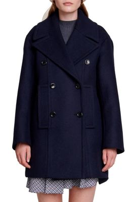 maje Galeto Double Breasted Wool Blend Coat in Blue