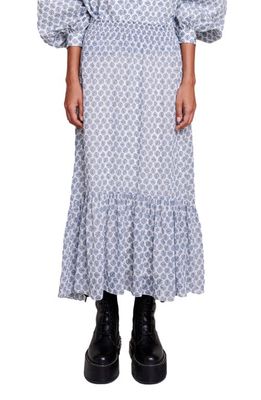 maje Jachelona Monogram Print Asymmetric Ruffle Midi Skirt in Clover Ecru/Blue