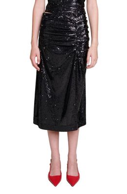 maje Jichic Sequin Side Slit Midi Skirt in Black