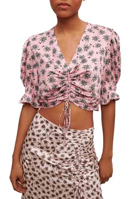 maje Lalita Ruched Tie Crop Top in Pink Palm Tree