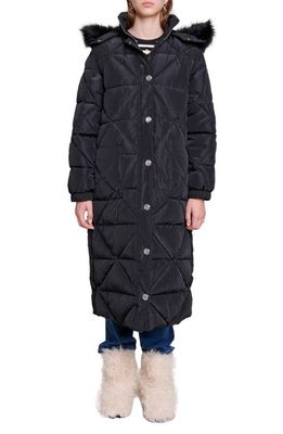 maje Longline Quilted Jacket with Faux Fur Trim in Black